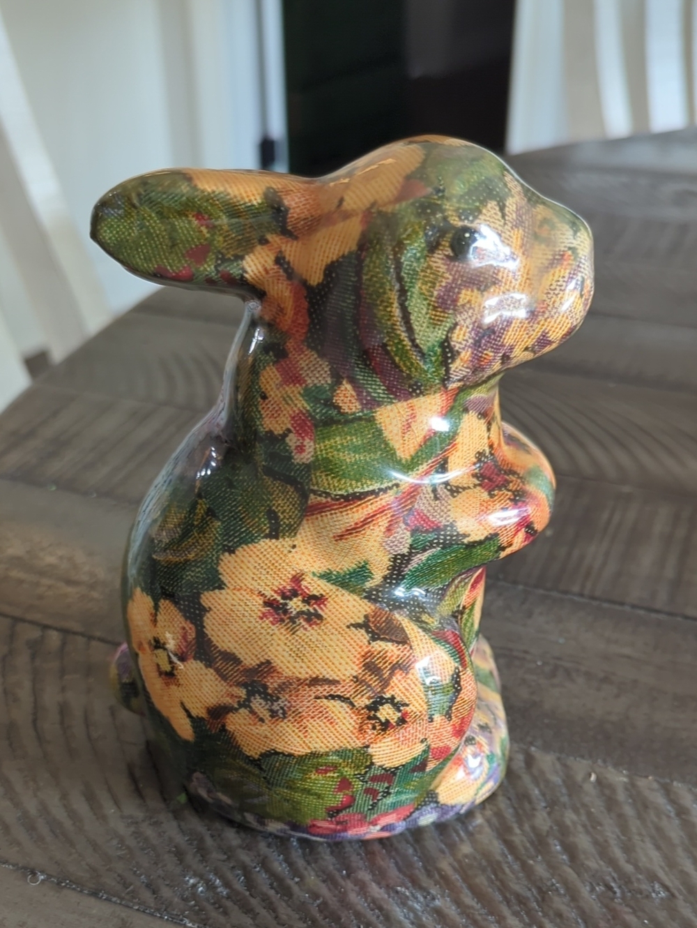 Vintage Floral Ceramic Bunny Figurine in Yellow and Green - Home Accents